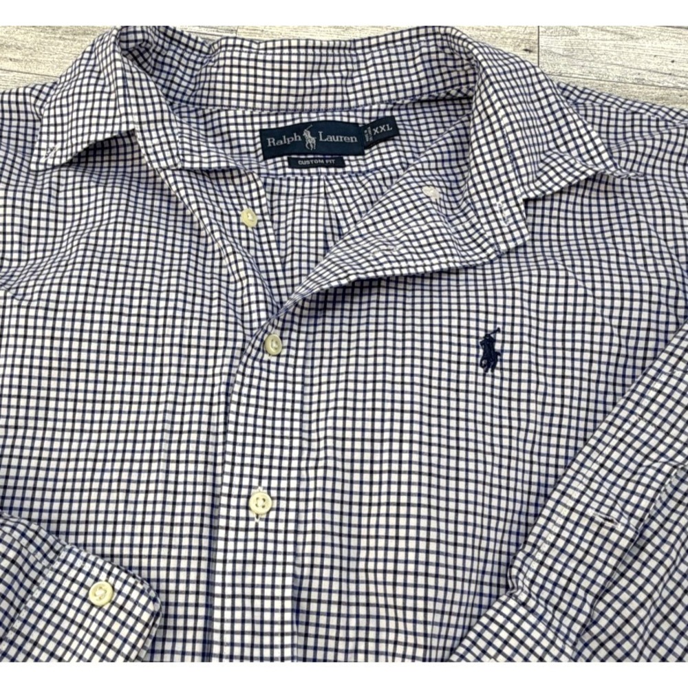 Polo Ralph Lauren Shirt Mens XXL Blue White Gingham‎ Custom Fit Navy Pony